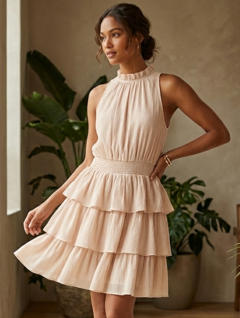 Pinch Tier Ruffle Halter Mini Dress
